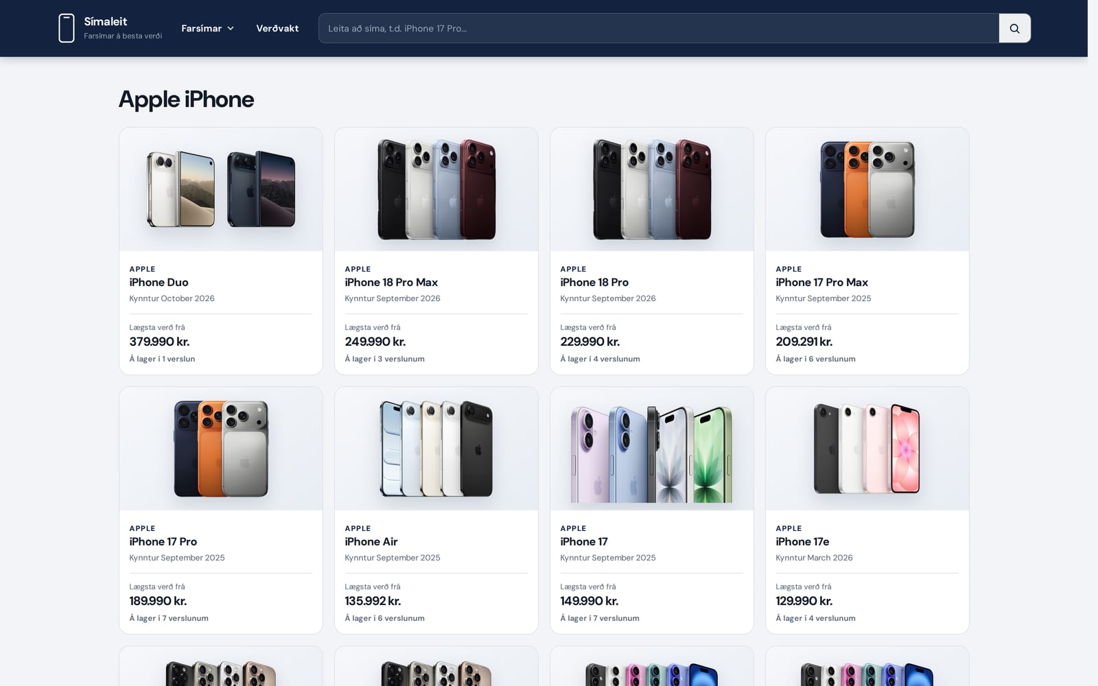 Screenshot of the Símaleit phone catalogue